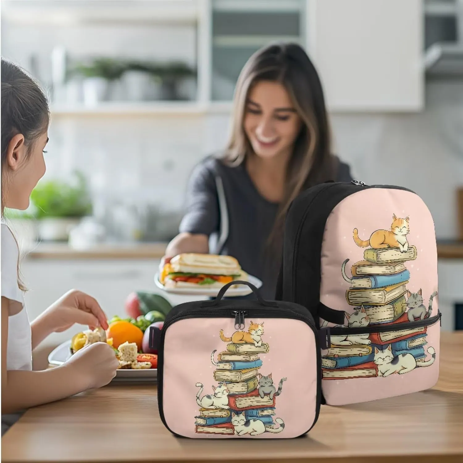 Rnyleeg Book Cat Backpack for Girls with Lunchbox Pink School Backpack for Girls 6-8 10-12 17 Inch Bookbag Set 3 in 1 for Elementary School Cute Daypack with Accessories