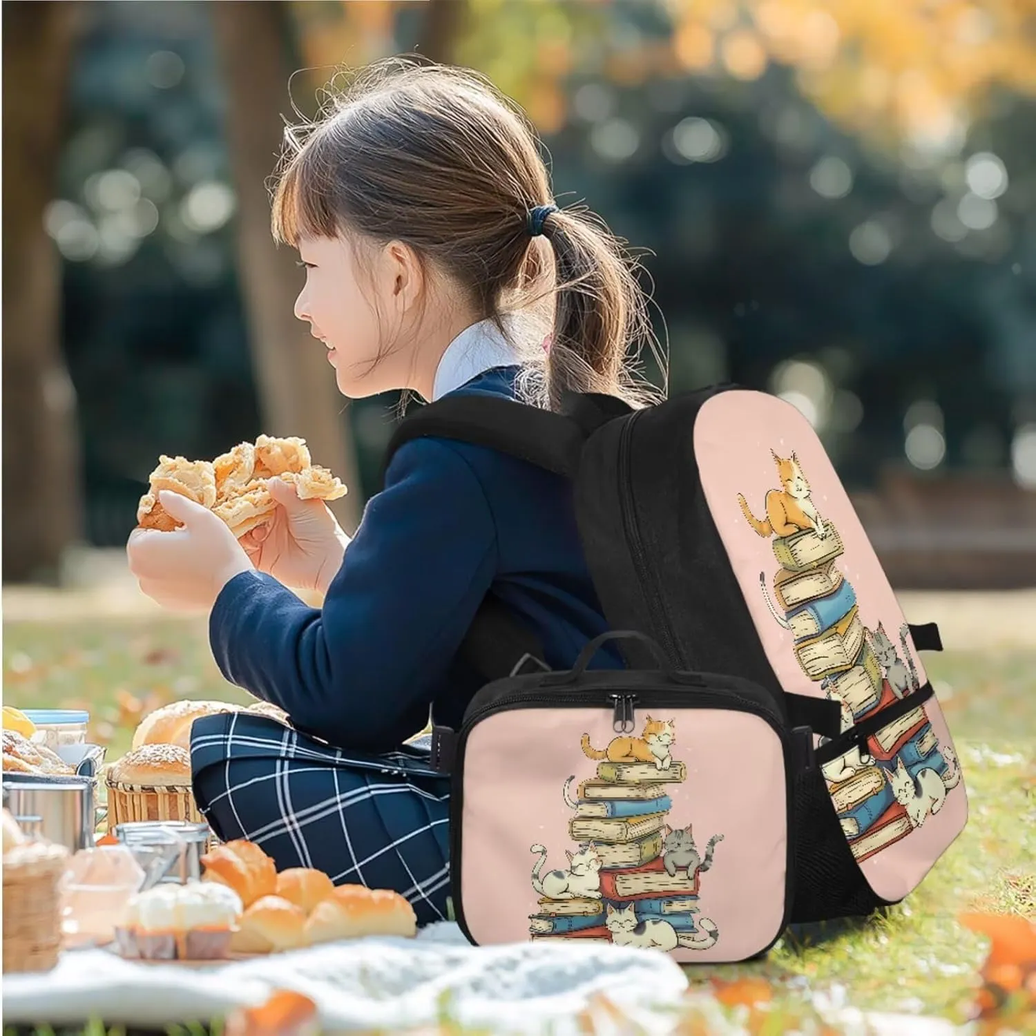 Rnyleeg Book Cat Backpack for Girls with Lunchbox Pink School Backpack for Girls 6-8 10-12 17 Inch Bookbag Set 3 in 1 for Elementary School Cute Daypack with Accessories