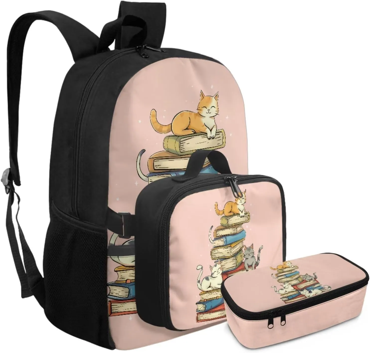 Rnyleeg Book Cat Backpack for Girls with Lunchbox Pink School Backpack for Girls 6-8 10-12 17 Inch Bookbag Set 3 in 1 for Elementary School Cute Daypack with Accessories