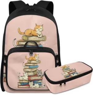 Rnyleeg Book Cat Backpack for Girls with Lunchbox Pink School Backpack for Girls 6-8 10-12 17 Inch Bookbag Set 3 in 1 for Elementary School Cute Daypack with Accessories
