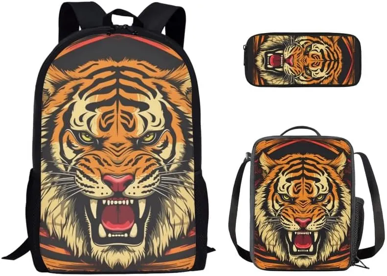 Roaring Tiger 3Pcs Backpack with Lunch Bag Pencil Box Jungle Wild Tiger Teens Elementary Middle School Book Bag Forest Tiger Lightweight Girls Boys Backpack