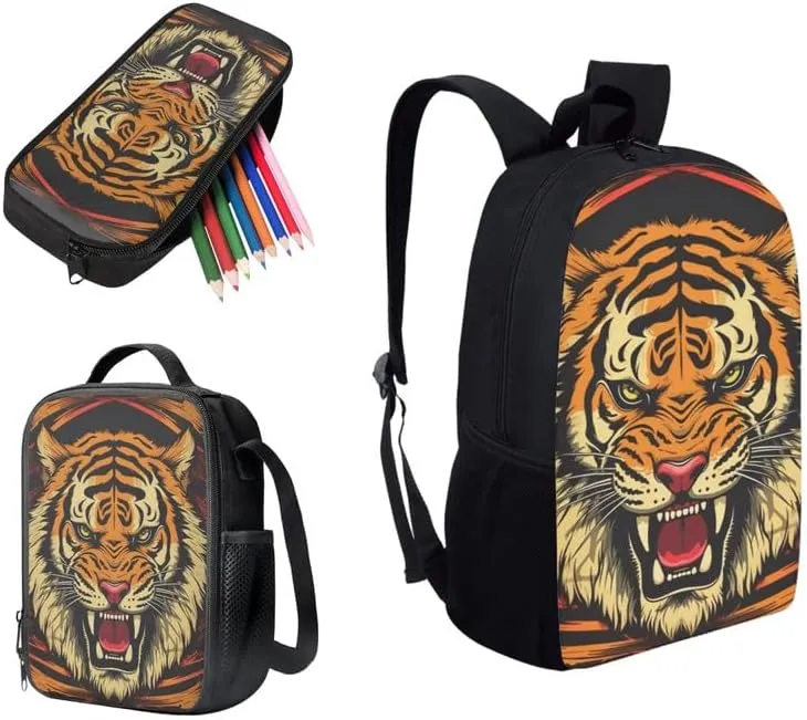 Roaring Tiger 3Pcs Backpack with Lunch Bag Pencil Box Jungle Wild Tiger Teens Elementary Middle School Book Bag Forest Tiger Lightweight Girls Boys Backpack