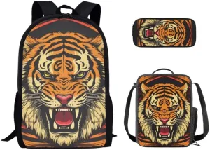 Roaring Tiger 3Pcs Backpack with Lunch Bag Pencil Box Jungle Wild Tiger Teens Elementary Middle School Book Bag Forest Tiger Lightweight Girls Boys Backpack