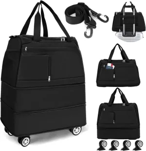 Rolling Tote Bag with Wheels, 3 Layer Expandable Foldable Duffle Bag with Detachable Wheels Shoulder Strap, Bag with WheelsTravel Duffle Bag, Large Weekend Bag for Travel, Suit Gym, Camping(Black)