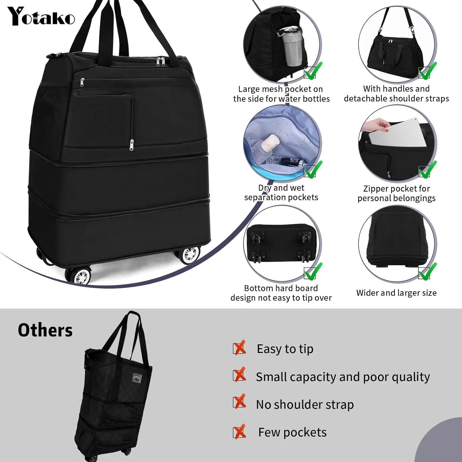 Rolling Tote Bag with Wheels, 3 Layer Expandable Foldable Duffle Bag with Detachable Wheels Shoulder Strap, Bag with WheelsTravel Duffle Bag, Large Weekend Bag for Travel, Suit Gym, Camping(Black)