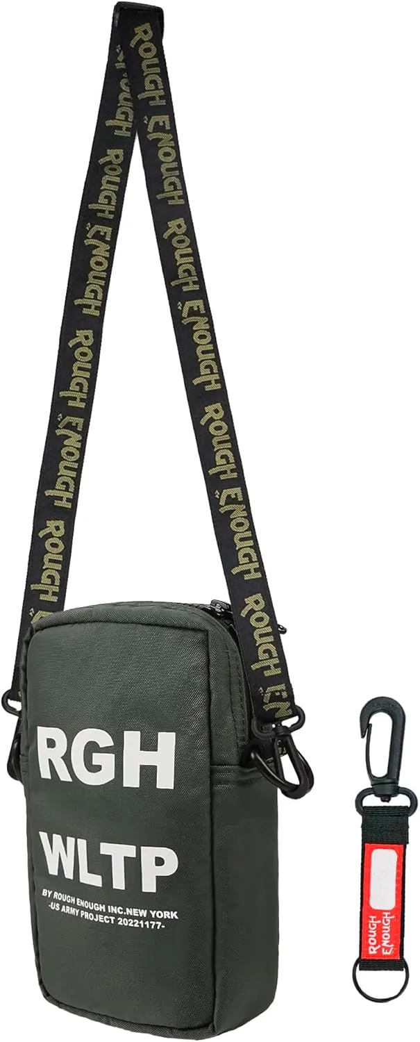 Rough Enough Small Crossbody Shoulder Bag for Men Preppy Teens Cell Phone with Strap Glow in Dark Logo Travel Army Green