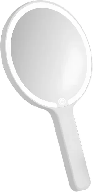 Round Pearl White Led Handheld Mirror, Portable Makeup Mirror with Smart Touch and 3 Adjustable Light Modes