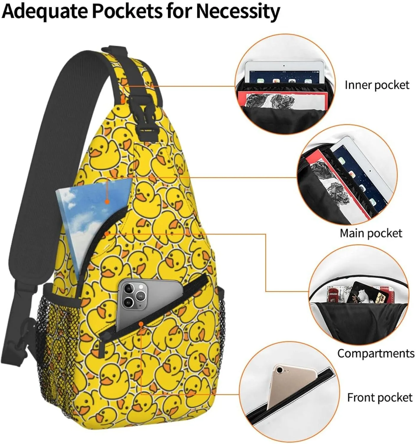 Rubber Duck Sling Bag, Crossbody Chest Daypack for Travel, Hiking, Cycling