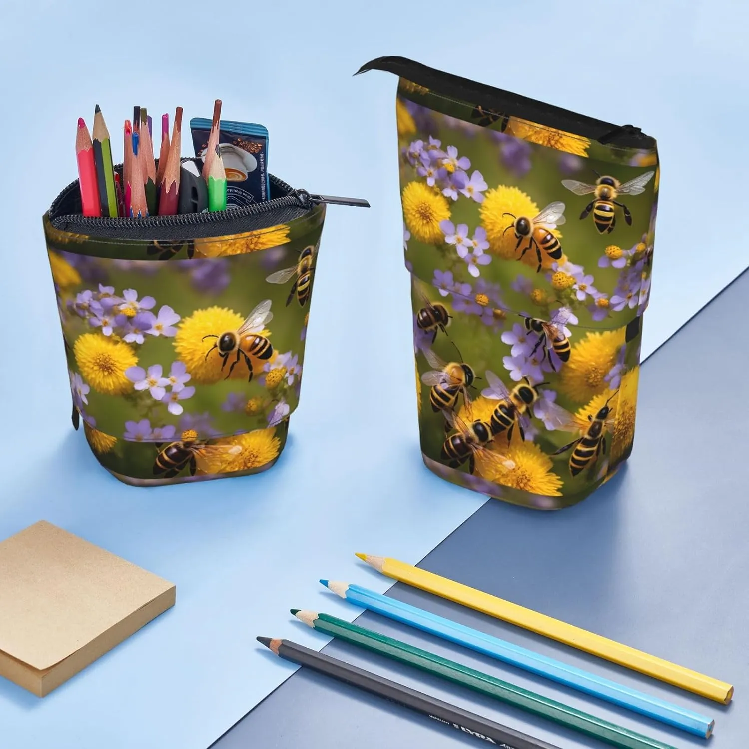 Rural Honey Bees Wildflowers Print Telescopic Pencil Case Multifunctional Stationery Cosmetic Storage Bag Office Gift
