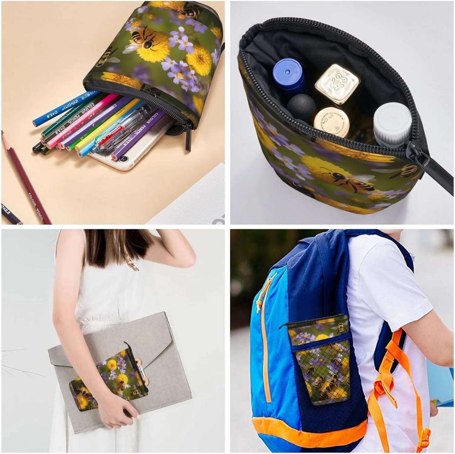 Rural Honey Bees Wildflowers Print Telescopic Pencil Case Multifunctional Stationery Cosmetic Storage Bag Office Gift