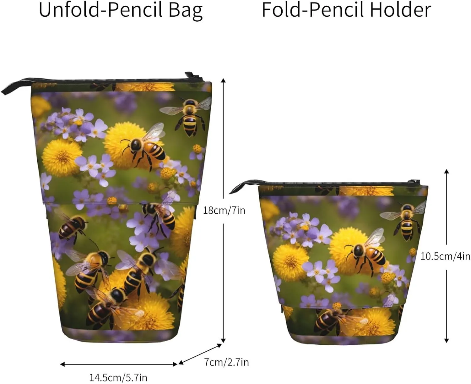 Rural Honey Bees Wildflowers Print Telescopic Pencil Case Multifunctional Stationery Cosmetic Storage Bag Office Gift