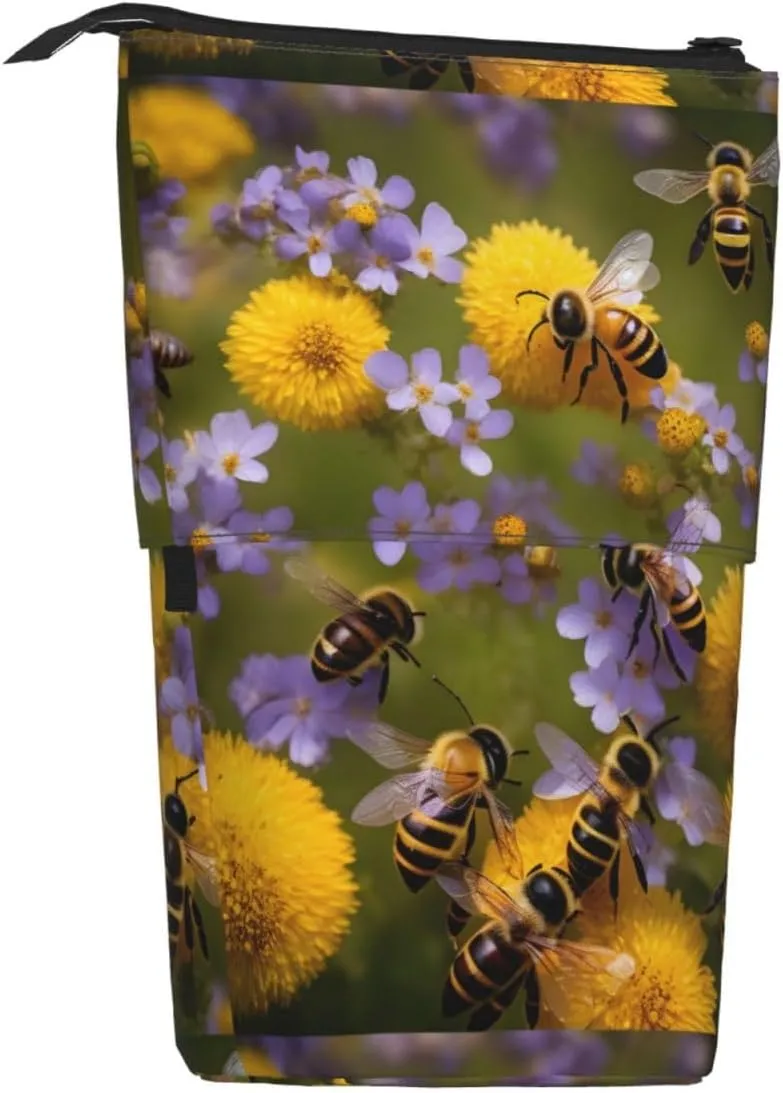 Rural Honey Bees Wildflowers Print Telescopic Pencil Case Multifunctional Stationery Cosmetic Storage Bag Office Gift