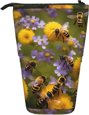 Rural Honey Bees Wildflowers Print Telescopic Pencil Case Multifunctional Stationery Cosmetic Storage Bag Office Gift