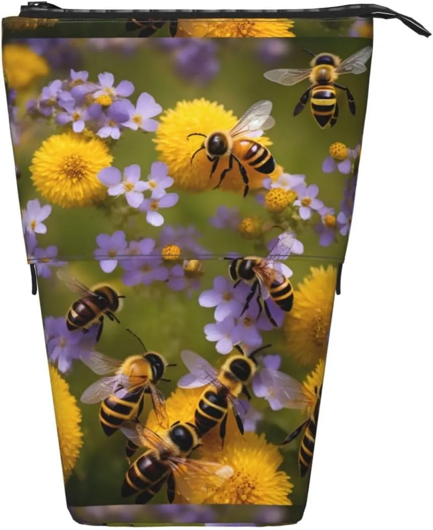 Rural Honey Bees Wildflowers Print Telescopic Pencil Case Multifunctional Stationery Cosmetic Storage Bag Office Gift