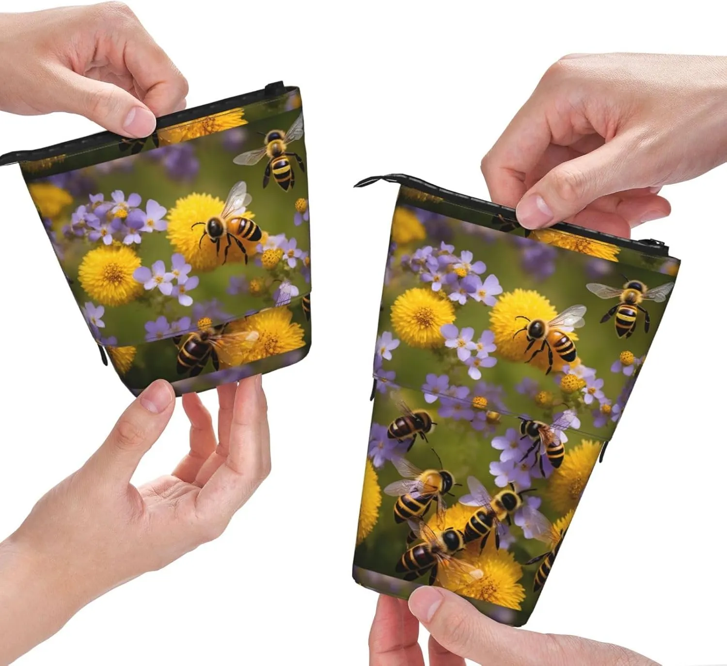 Rural Honey Bees Wildflowers Print Telescopic Pencil Case Multifunctional Stationery Cosmetic Storage Bag Office Gift