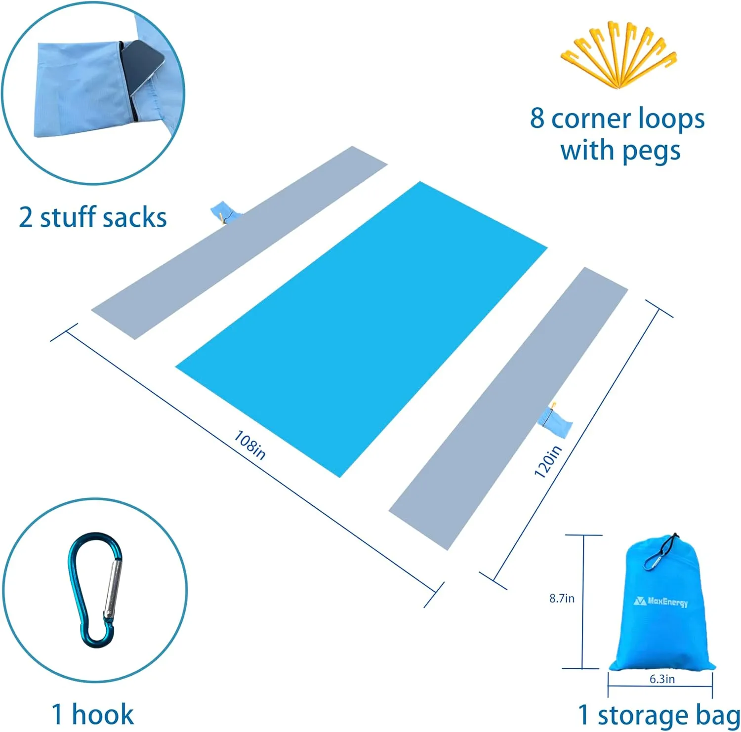 Sand Proof Beach Blanket, Waterproof Extra Large & Lightweight Beach Mat & Accessories, for Hiking, Picnic, Travel, Camping. (Blue White Gray 120in*108in)