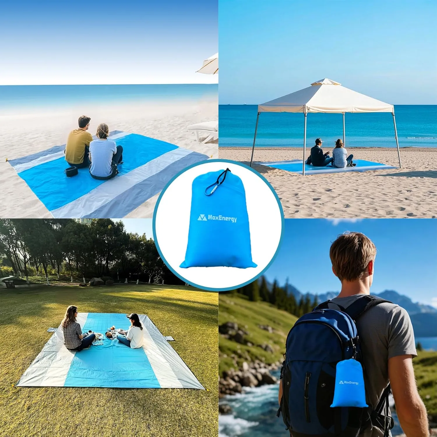 Sand Proof Beach Blanket, Waterproof Extra Large & Lightweight Beach Mat & Accessories, for Hiking, Picnic, Travel, Camping. (Blue White Gray 120in*108in)