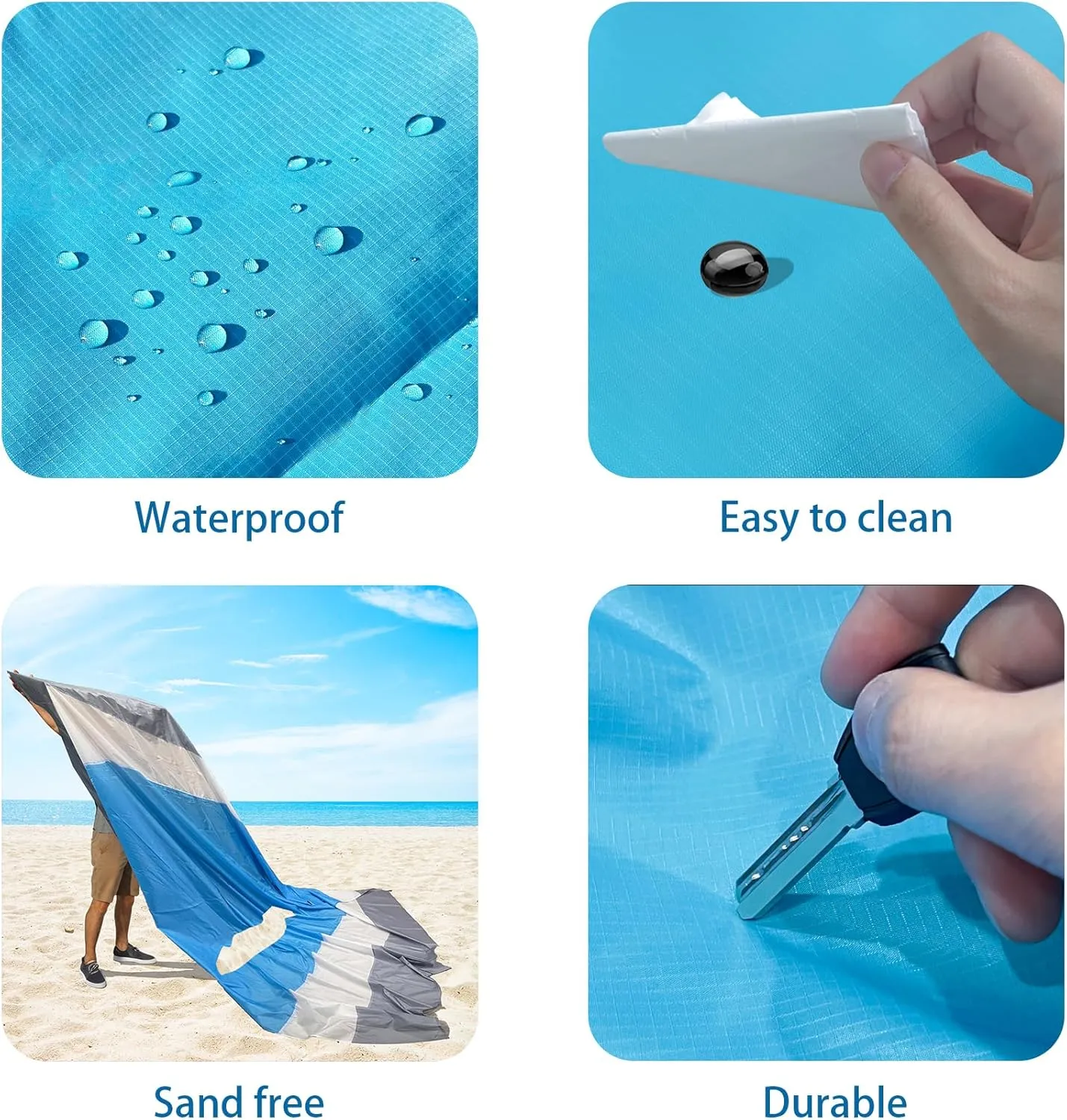 Sand Proof Beach Blanket, Waterproof Extra Large & Lightweight Beach Mat & Accessories, for Hiking, Picnic, Travel, Camping. (Blue White Gray 120in*108in)
