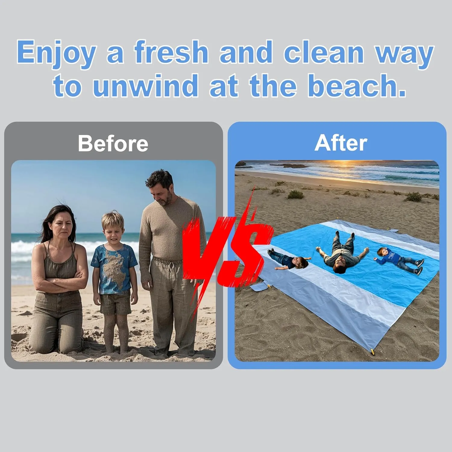 Sand Proof Beach Blanket, Waterproof Extra Large & Lightweight Beach Mat & Accessories, for Hiking, Picnic, Travel, Camping. (Blue White Gray 120in*108in)