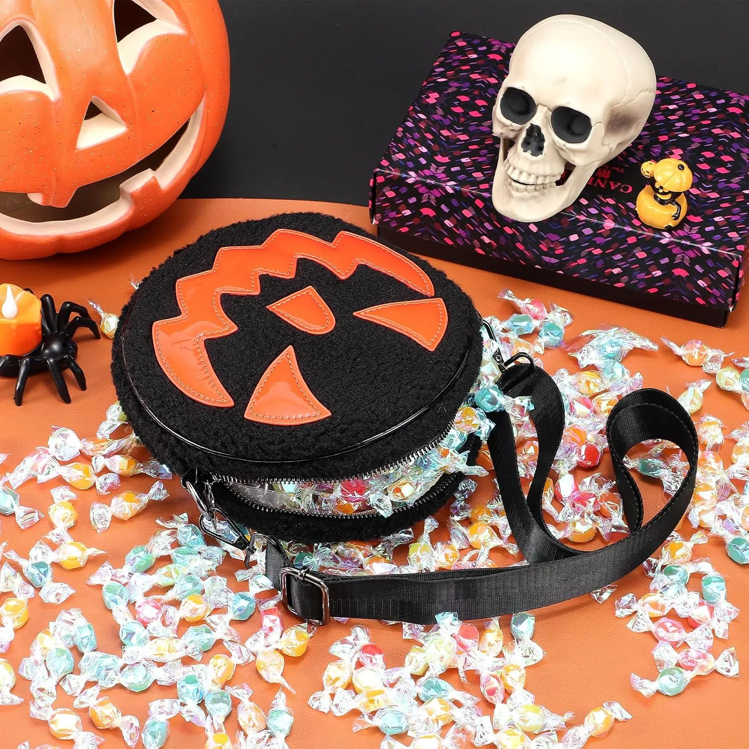 SANSTHS Fleece Halloween Pumpkin Purse Pumpkin Shoulder Bag Crossbody Bag for Women