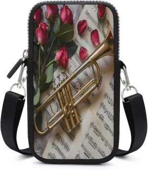Saxophone with Music Note Sheets Music Instruments Photography Small Crossbody Bags Cell Phone Purses Travel Pouch Shoulder Bag for Women Men