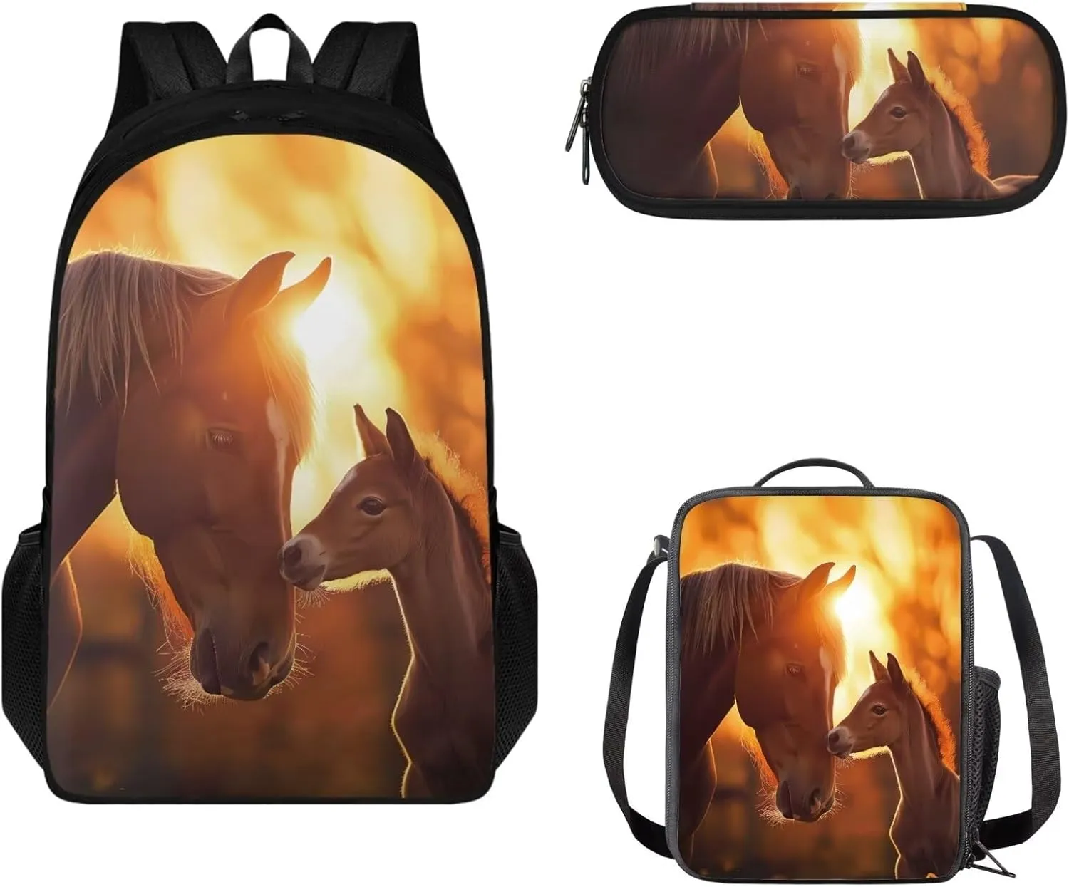 Schoolbags for Teens Backpack Set with Lunch Box & Pencil Case 3 Pack of School Backpack Kids Large Capacity Book Bags for Travel, Sunset Horse