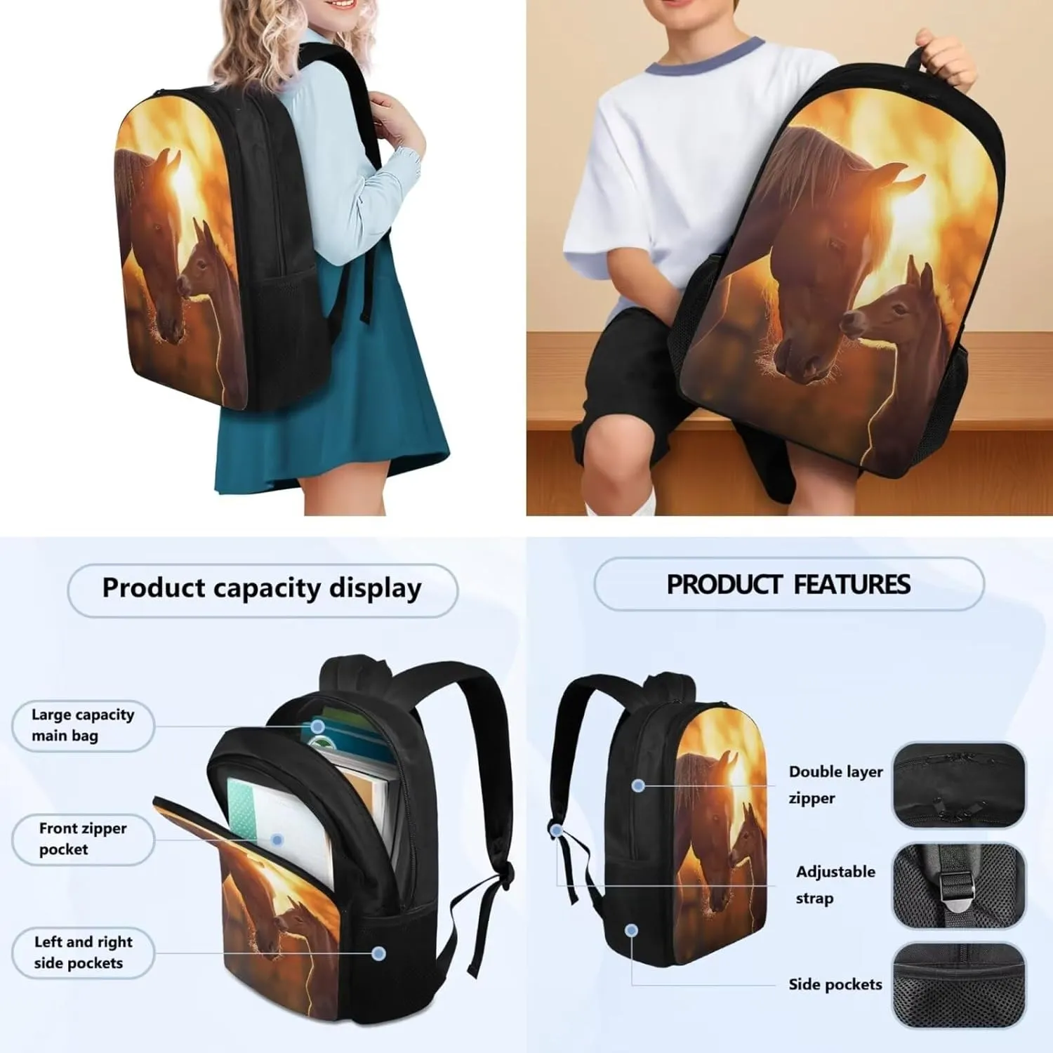 Schoolbags for Teens Backpack Set with Lunch Box & Pencil Case 3 Pack of School Backpack Kids Large Capacity Book Bags for Travel, Sunset Horse