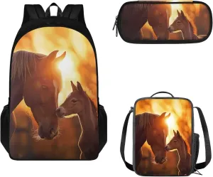 Schoolbags for Teens Backpack Set with Lunch Box & Pencil Case 3 Pack of School Backpack Kids Large Capacity Book Bags for Travel, Sunset Horse