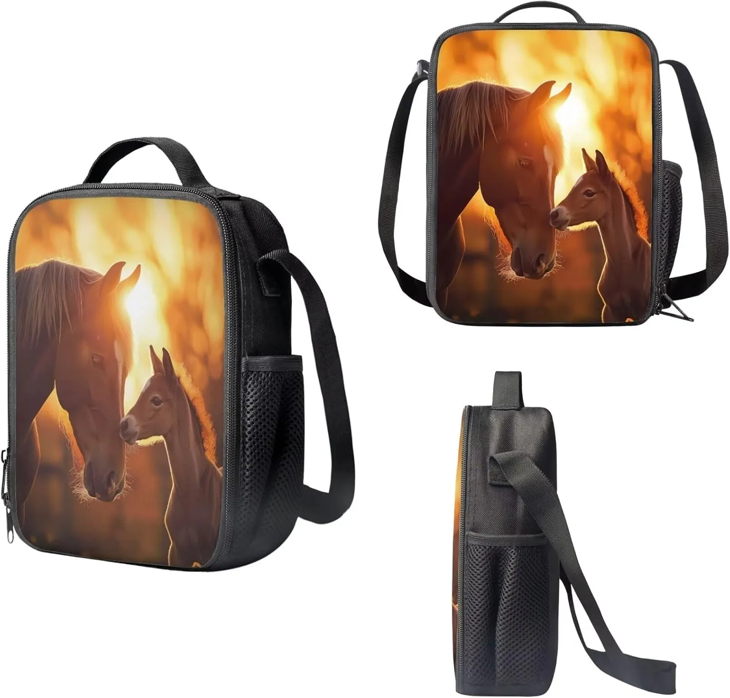 Schoolbags for Teens Backpack Set with Lunch Box & Pencil Case 3 Pack of School Backpack Kids Large Capacity Book Bags for Travel, Sunset Horse