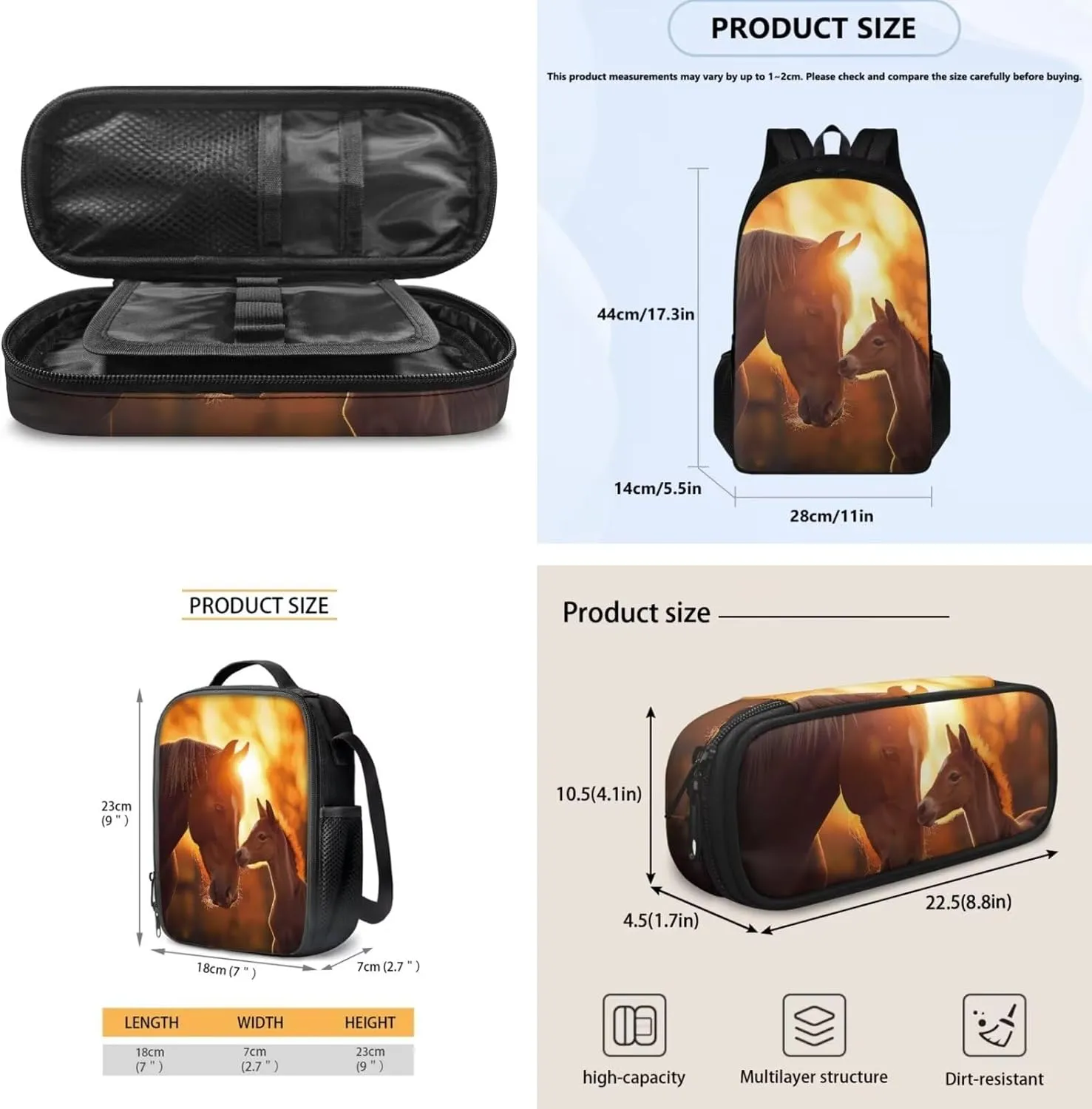 Schoolbags for Teens Backpack Set with Lunch Box & Pencil Case 3 Pack of School Backpack Kids Large Capacity Book Bags for Travel, Sunset Horse