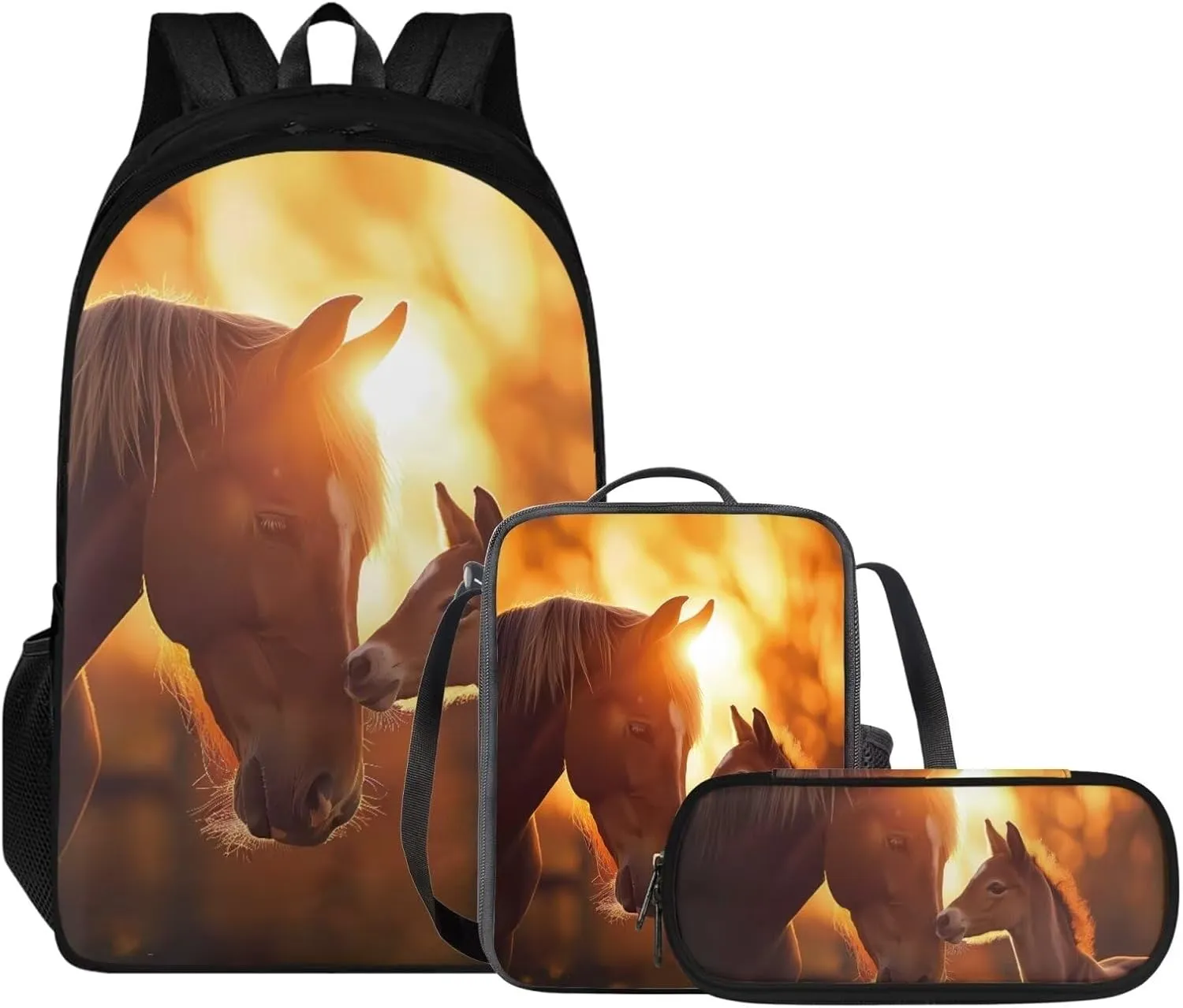 Schoolbags for Teens Backpack Set with Lunch Box & Pencil Case 3 Pack of School Backpack Kids Large Capacity Book Bags for Travel, Sunset Horse