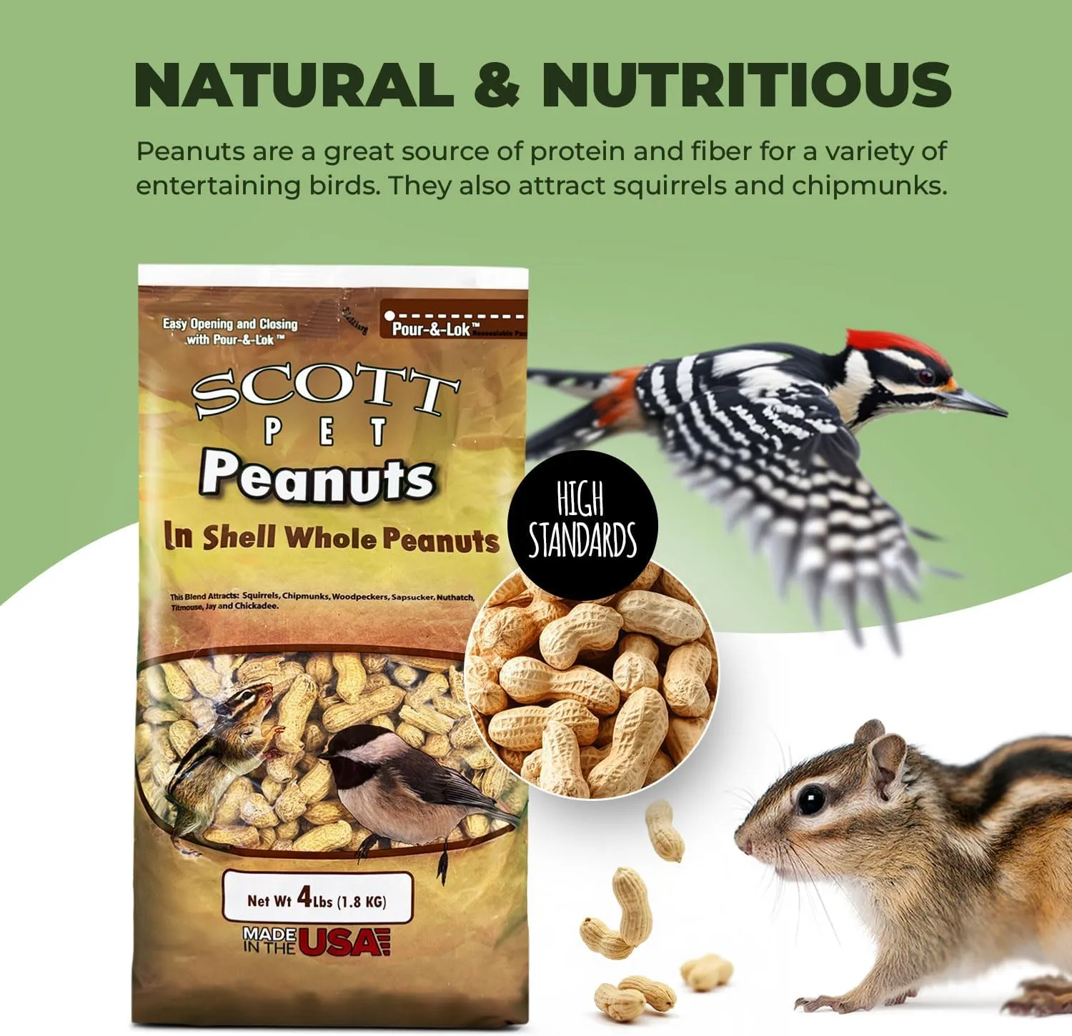 Scott Pet Wild Bird Seed, Whole Peanuts, 4 lbs Bag, No Mess, Feed, Great Source of Protein and Fiber, Peanuts for Outside Wild Birds