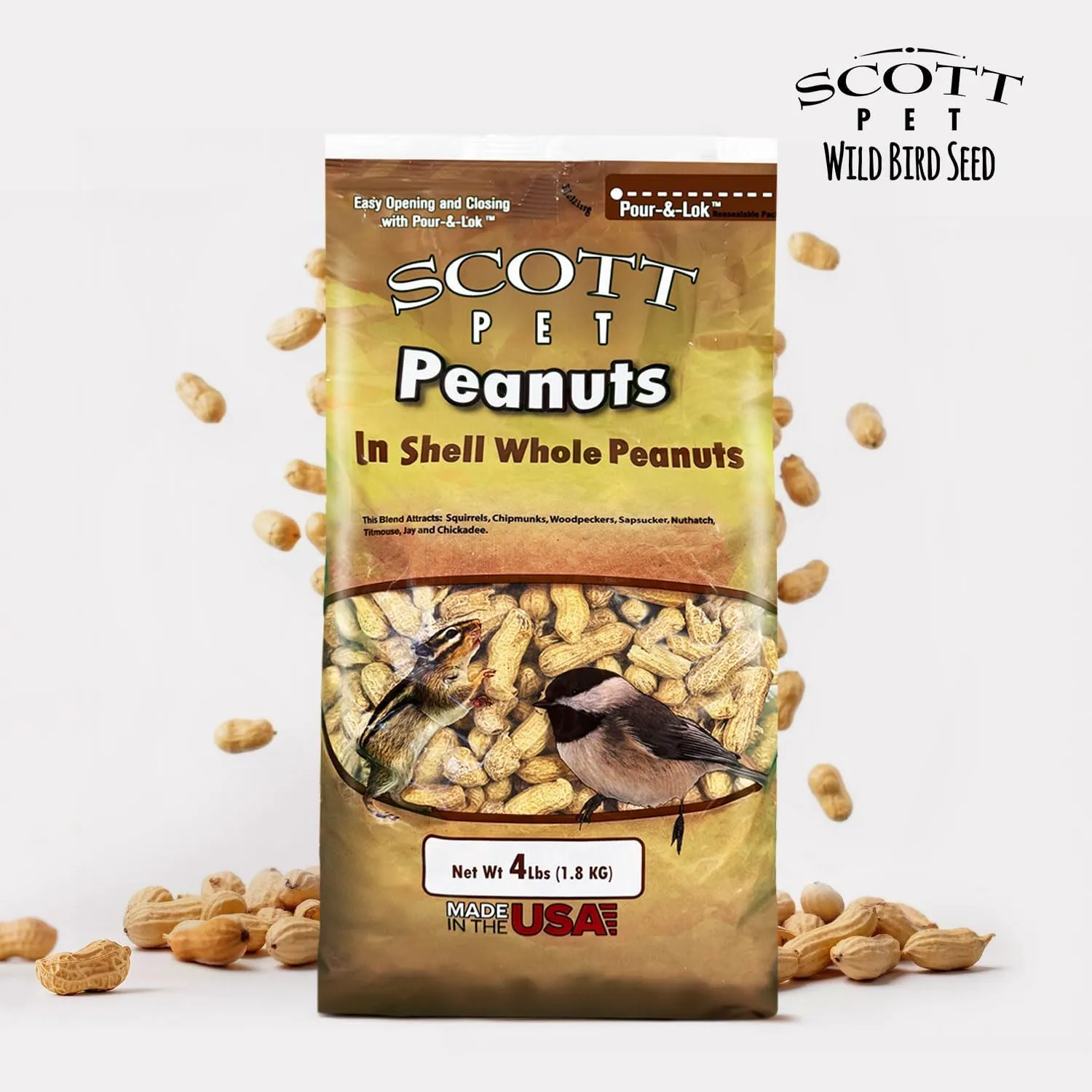 Scott Pet Wild Bird Seed, Whole Peanuts, 4 lbs Bag, No Mess, Feed, Great Source of Protein and Fiber, Peanuts for Outside Wild Birds