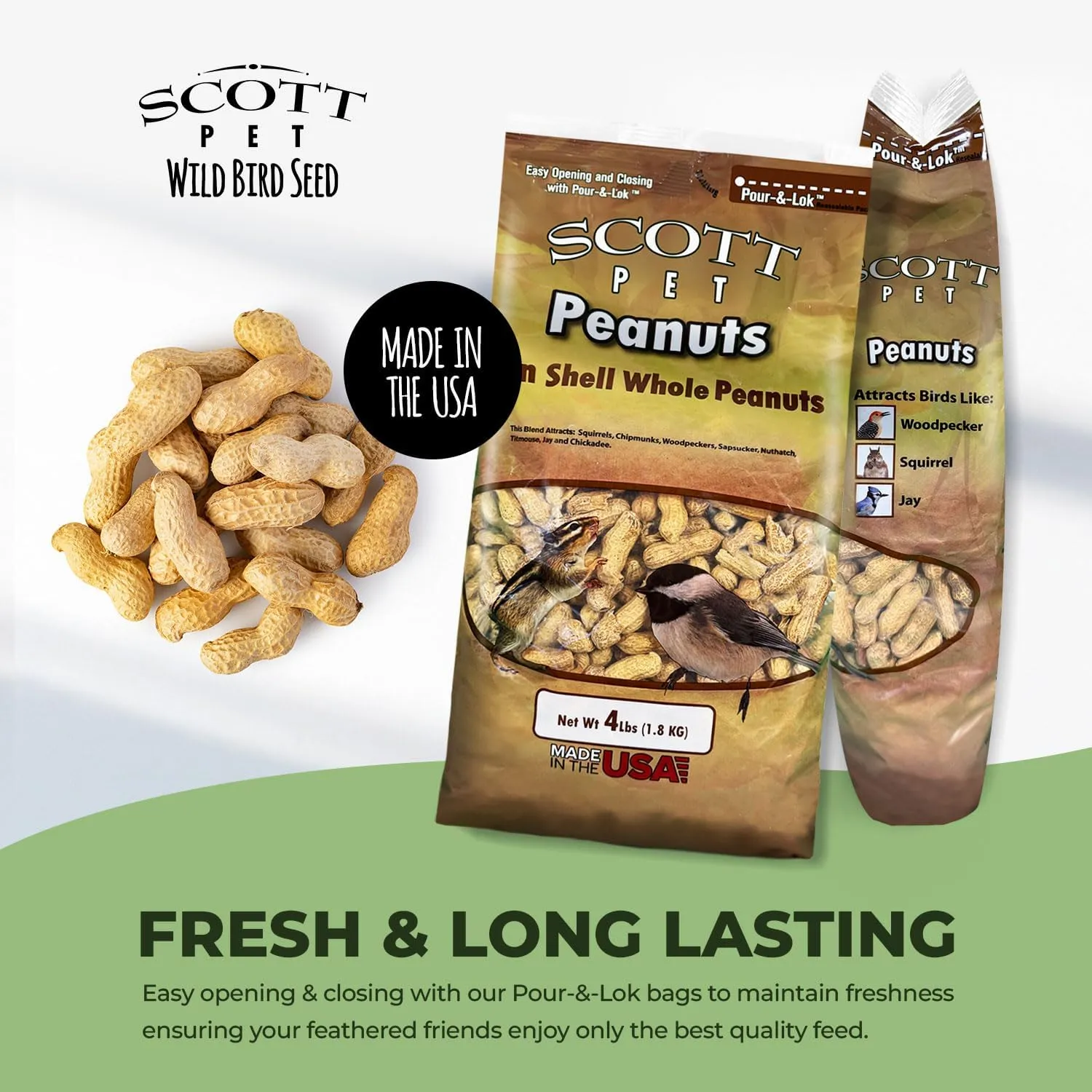 Scott Pet Wild Bird Seed, Whole Peanuts, 4 lbs Bag, No Mess, Feed, Great Source of Protein and Fiber, Peanuts for Outside Wild Birds
