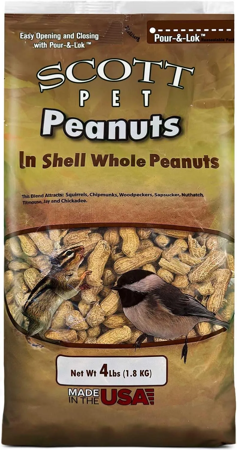 Scott Pet Wild Bird Seed, Whole Peanuts, 4 lbs Bag, No Mess, Feed, Great Source of Protein and Fiber, Peanuts for Outside Wild Birds