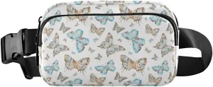 Seamless Brown Turquoise Watercolor Flying Butterflies on White Adjustable Belt Running Bag, Crossbody Fanny Pack Waist Runners Bag Tote for Women Men Sports Hiking Fitness Exercise Gym Pouch