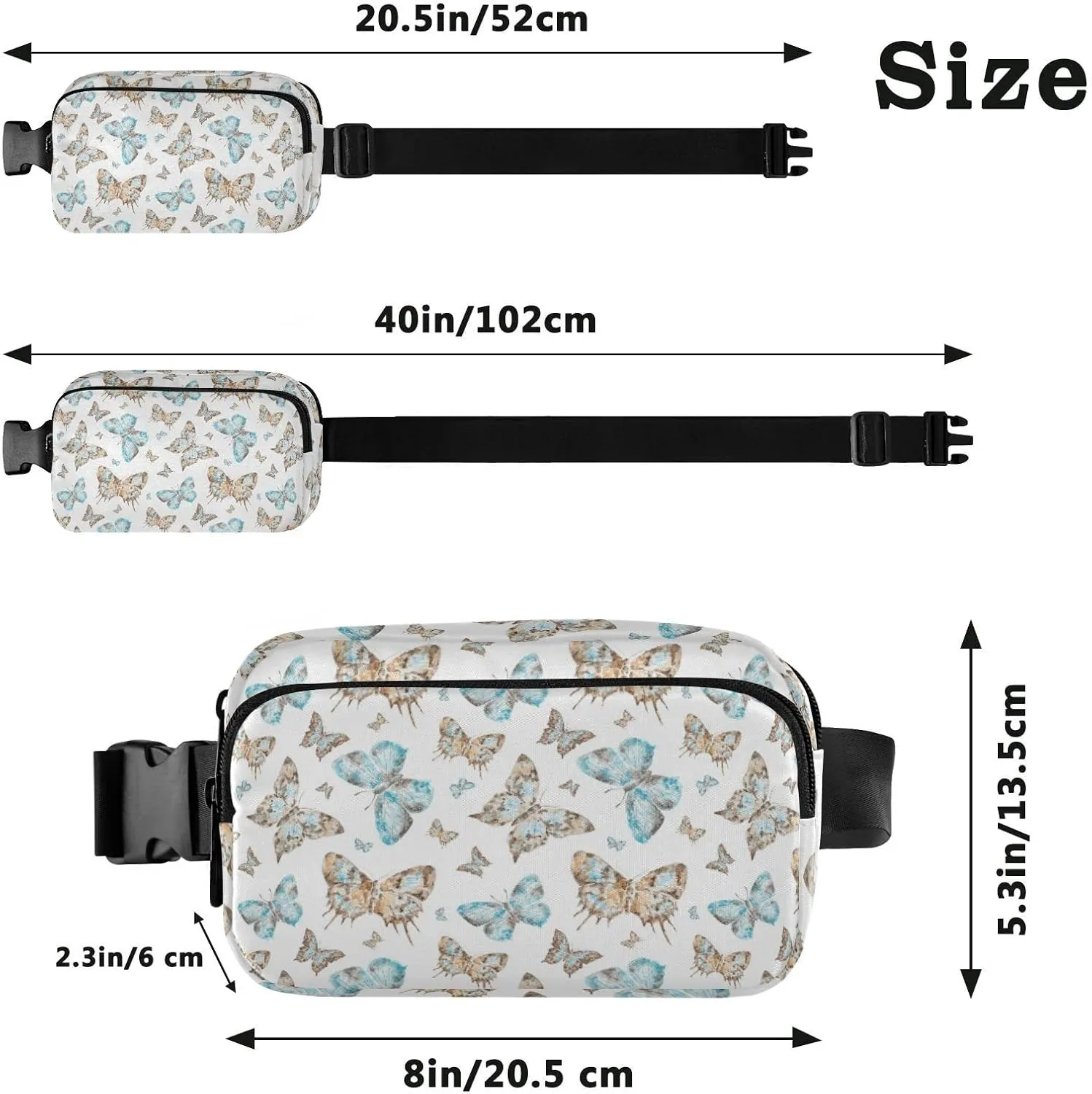 Seamless Brown Turquoise Watercolor Flying Butterflies on White Adjustable Belt Running Bag, Crossbody Fanny Pack Waist Runners Bag Tote for Women Men Sports Hiking Fitness Exercise Gym Pouch