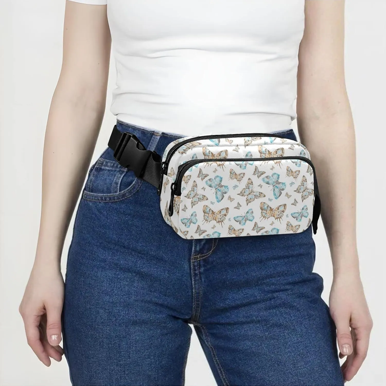 Seamless Brown Turquoise Watercolor Flying Butterflies on White Adjustable Belt Running Bag, Crossbody Fanny Pack Waist Runners Bag Tote for Women Men Sports Hiking Fitness Exercise Gym Pouch