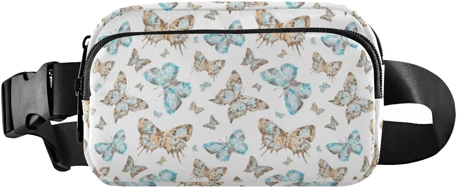 Seamless Brown Turquoise Watercolor Flying Butterflies on White Adjustable Belt Running Bag, Crossbody Fanny Pack Waist Runners Bag Tote for Women Men Sports Hiking Fitness Exercise Gym Pouch