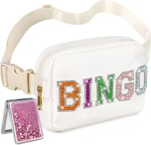 Sequins Letters BINGO Fanny Pack with Quicksand Mirror, Nylon Crossbody Bags Tour Trendy Stuff for 4 5 6 7 8 9 10 11 12 13 Teens Girls Kids Daughter Graduation Gifts, Birthday Party Favors (Beige)