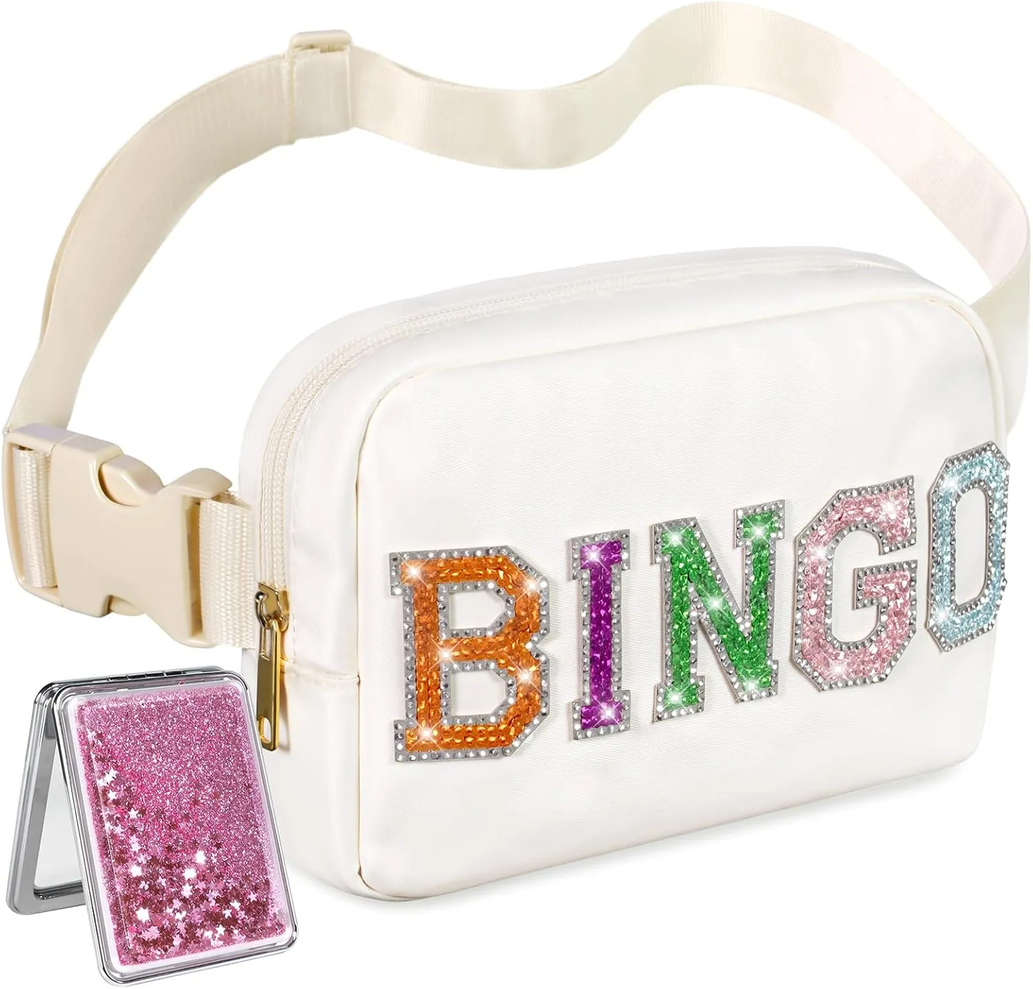 Sequins Letters BINGO Fanny Pack with Quicksand Mirror, Nylon Crossbody Bags Tour Trendy Stuff for 4 5 6 7 8 9 10 11 12 13 Teens Girls Kids Daughter Graduation Gifts, Birthday Party Favors (Beige)