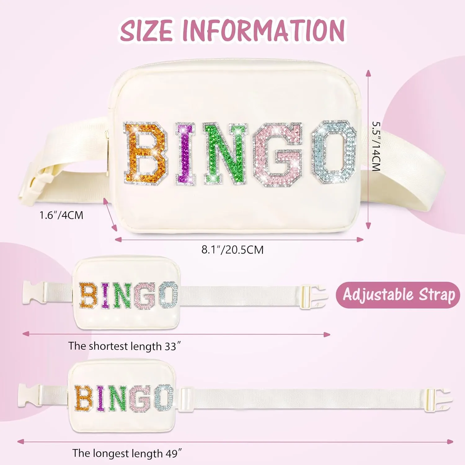Sequins Letters BINGO Fanny Pack with Quicksand Mirror, Nylon Crossbody Bags Tour Trendy Stuff for 4 5 6 7 8 9 10 11 12 13 Teens Girls Kids Daughter Graduation Gifts, Birthday Party Favors (Beige)