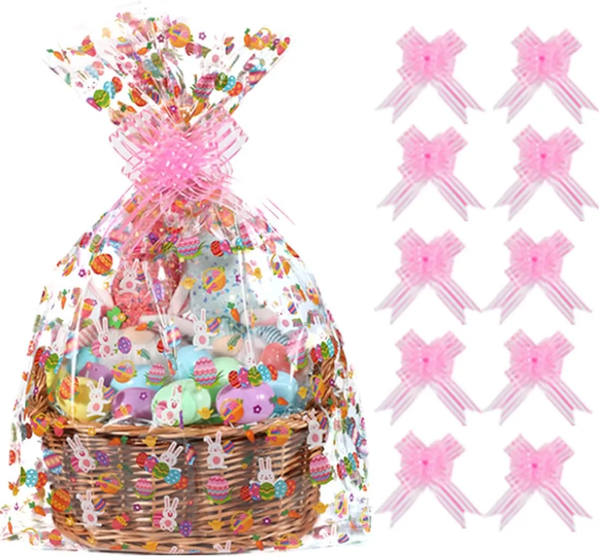 shareluck 10 pack Easter Plastic Wrap Bags 22" x 32" Bunny Eggs Bags Large Cellophane Wrap for Gift Baskets - 2.5Mil - Plastic Easter Cello Bag - with 10 Pieces Pull Bow