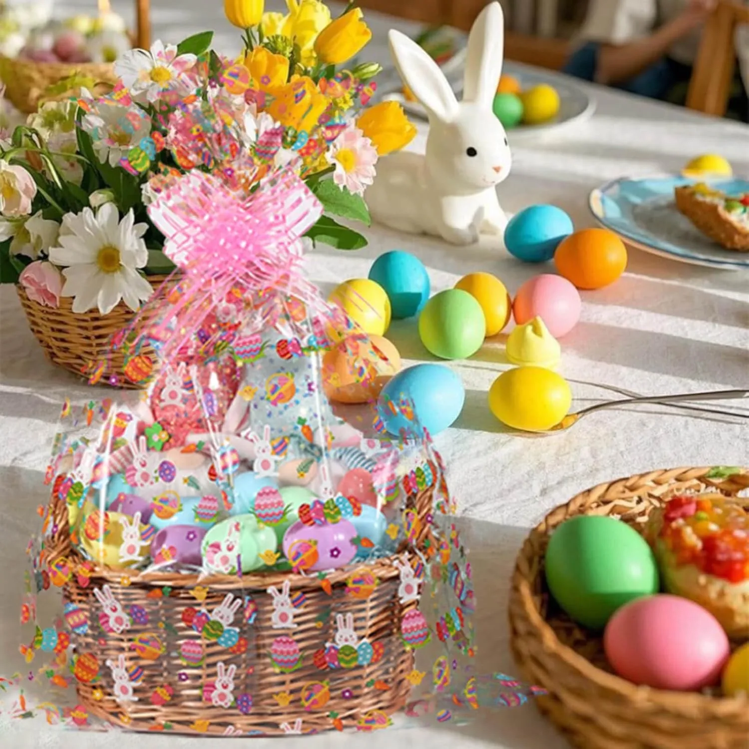 shareluck 10 pack Easter Plastic Wrap Bags 22" x 32" Bunny Eggs Bags Large Cellophane Wrap for Gift Baskets - 2.5Mil - Plastic Easter Cello Bag - with 10 Pieces Pull Bow