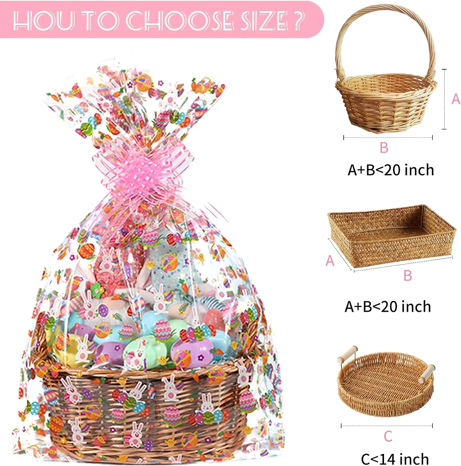 shareluck 10 pack Easter Plastic Wrap Bags 22" x 32" Bunny Eggs Bags Large Cellophane Wrap for Gift Baskets - 2.5Mil - Plastic Easter Cello Bag - with 10 Pieces Pull Bow