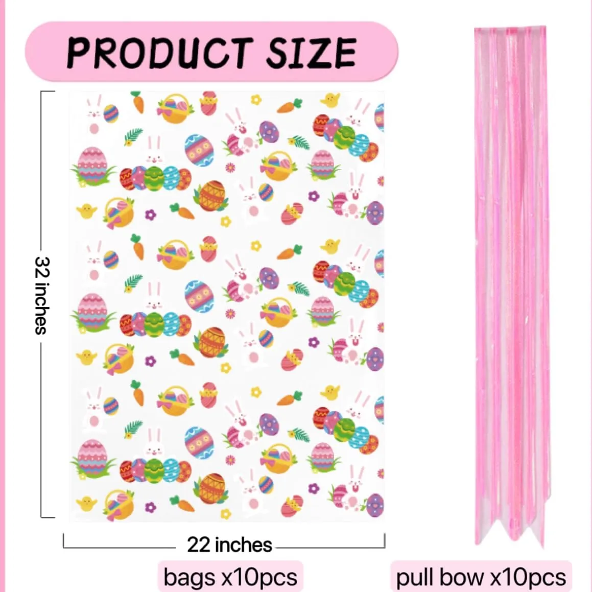 shareluck 10 pack Easter Plastic Wrap Bags 22" x 32" Bunny Eggs Bags Large Cellophane Wrap for Gift Baskets - 2.5Mil - Plastic Easter Cello Bag - with 10 Pieces Pull Bow