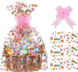 shareluck 10 pack Easter Plastic Wrap Bags 22" x 32" Bunny Eggs Bags Large Cellophane Wrap for Gift Baskets - 2.5Mil - Plastic Easter Cello Bag - with 10 Pieces Pull Bow