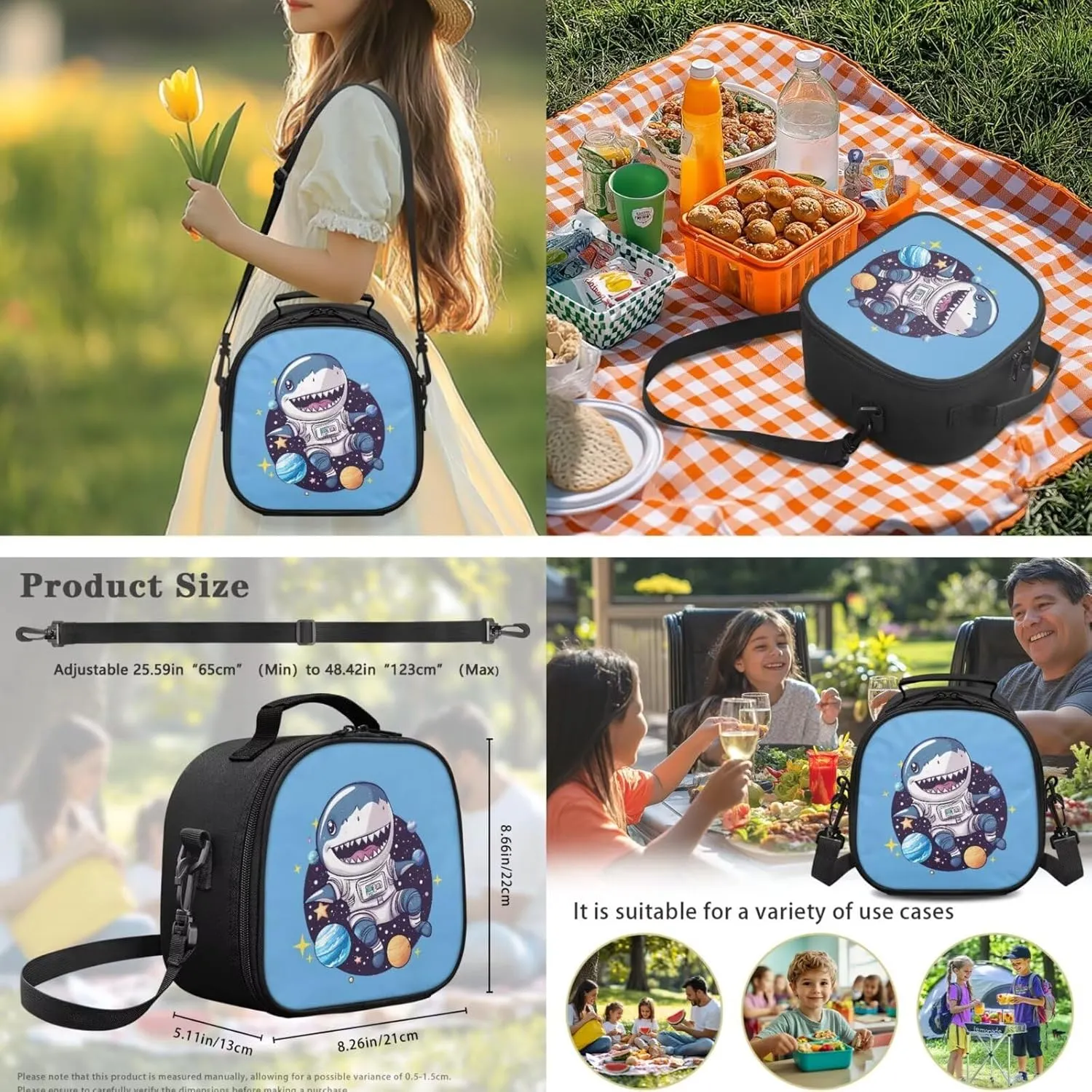 Shark Galaxy Lunch Box for Boys Cartoon Pattern Utensil Pouch 2 Piece Washable Lunch Bag with Crossbody Shoulder Strap Cooler Meal Containers for Snacks Drinks