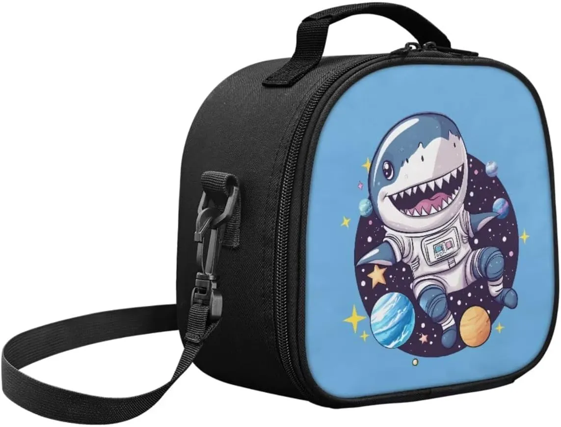 Shark Galaxy Lunch Box for Boys Cartoon Pattern Utensil Pouch 2 Piece Washable Lunch Bag with Crossbody Shoulder Strap Cooler Meal Containers for Snacks Drinks