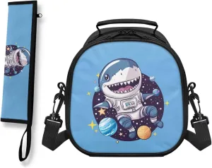 Shark Galaxy Lunch Box for Boys Cartoon Pattern Utensil Pouch 2 Piece Washable Lunch Bag with Crossbody Shoulder Strap Cooler Meal Containers for Snacks Drinks